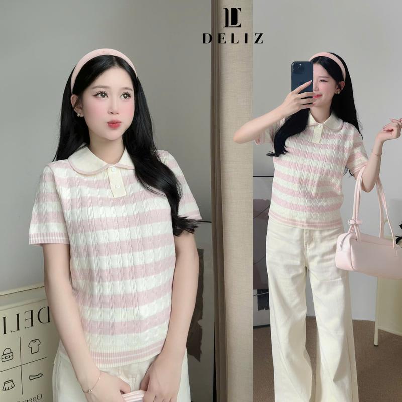 DELIZ - Áo len ngắn tay cổ sen vặn thừng phối màu pastel len lông thỏ cao cấp PL32