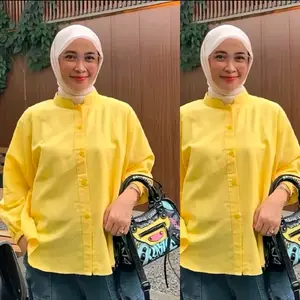KHARIIN Shirt - Kemeja Wanita Polos Kantor Basic - Kemeja wanita kerah Shanghai tangan karet - Kemeja Kuliah Polos basic Linen - kemeja Linen Wanita Polos - Kemeja warna soft yellow polos trendy