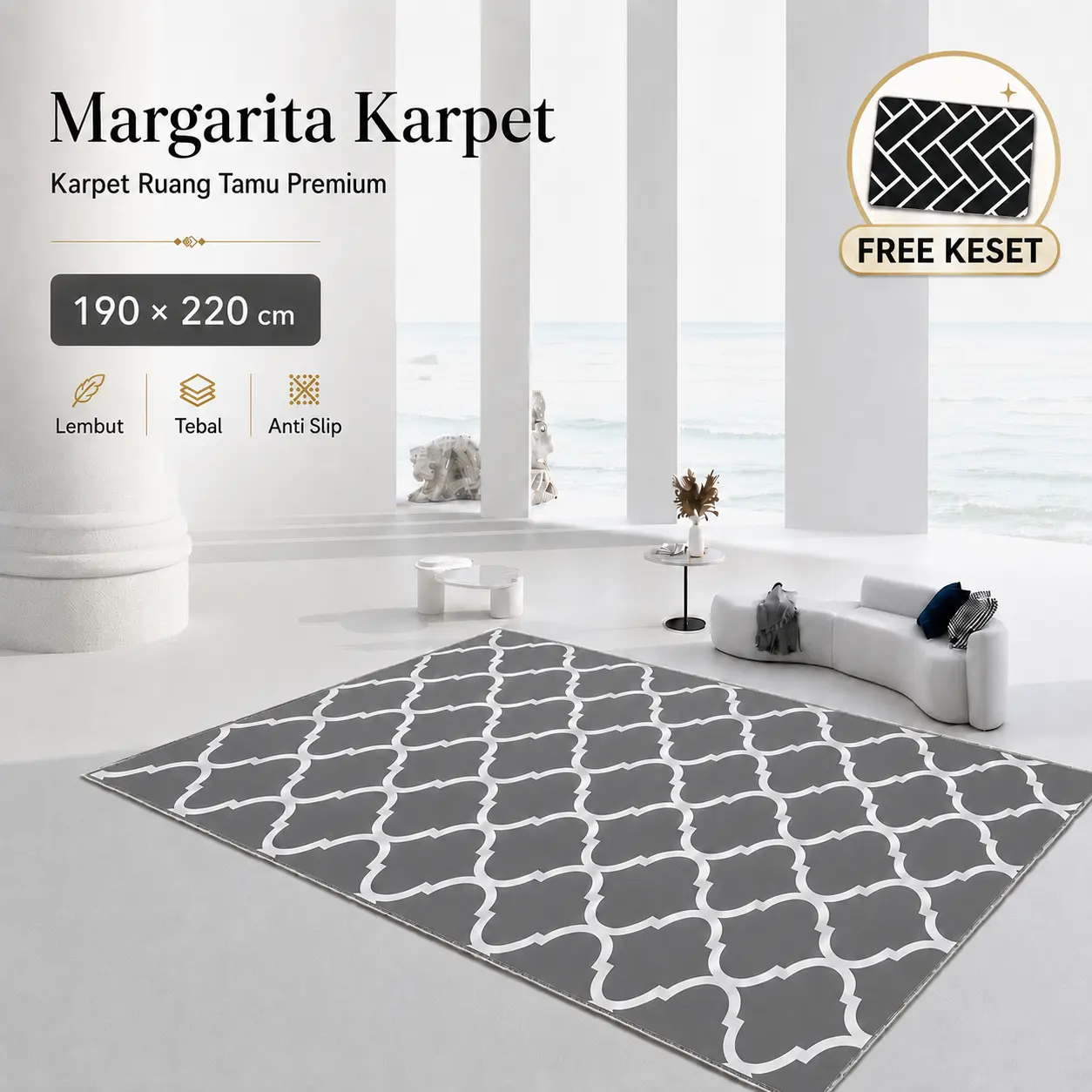 [190x220cm] FREE KESET Margarita Karpet Lantai Premium Tebal Nyaman Anti Slip Motif Modern untuk Ruang Tamu