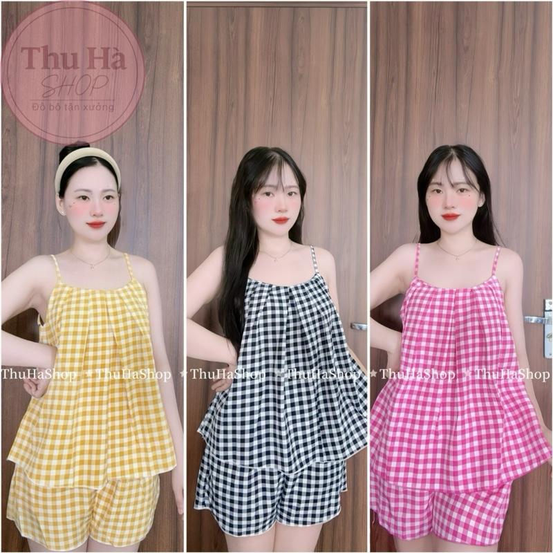 (40-85kg)Bộ lụa mềm áo hai dây quần đùi có túi quần kẻ sọc caro cho phụ nữ - Women Voi Nhung