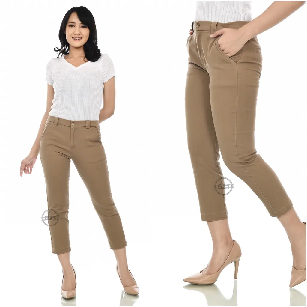 G21 Celana Chinos Panjang 7/8 Wanita Hitam Bahan Katun Strech Kasual Kerja Ukuran Standar dan Jumbo