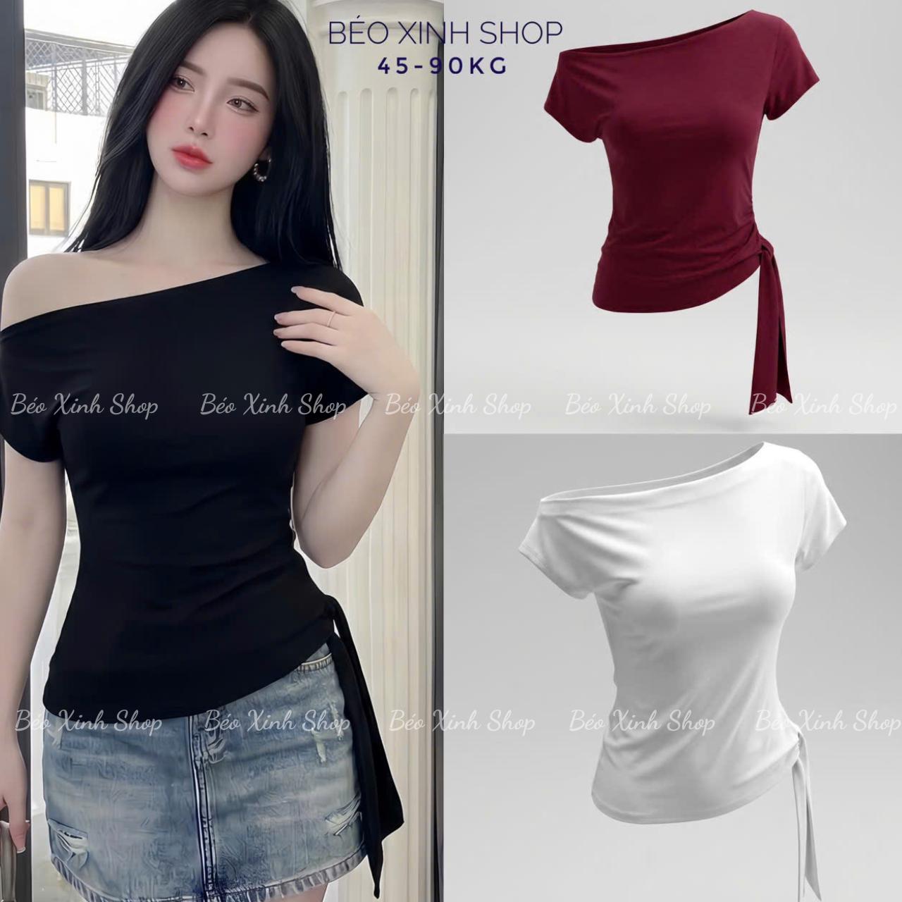 Áo Thun Nữ Lệch Vai Phối Thắt Nơ (Chất Borit Cotton Cao Cấp) Trẻ Trung Cho Nữ 45–90kg Béo Xinh Shop - A.1798