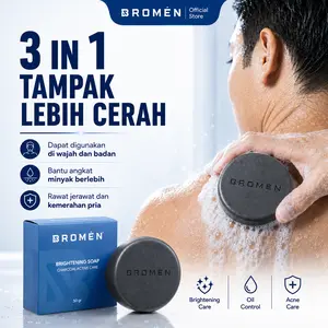 Bromen 3 in 1 Brightening Soap 50g | Skincare Cowok | Cleansing Minyak Dan Mencerahkan Muka Pria | Sabun Batang Wajah dan Badan Activated Charcoal Angkat Sel Kulit Mati