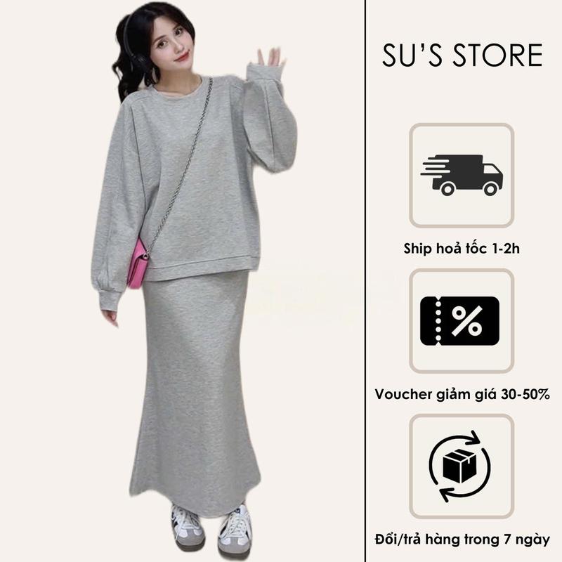 Set Đồ Nữ Áo Nỉ Cổ Tròn Tay Bo Kèm Chân Váy Đuôi Cá Dáng Dài – Set Bigsize S757 Susstore Thời Trang Nữ Năng Động