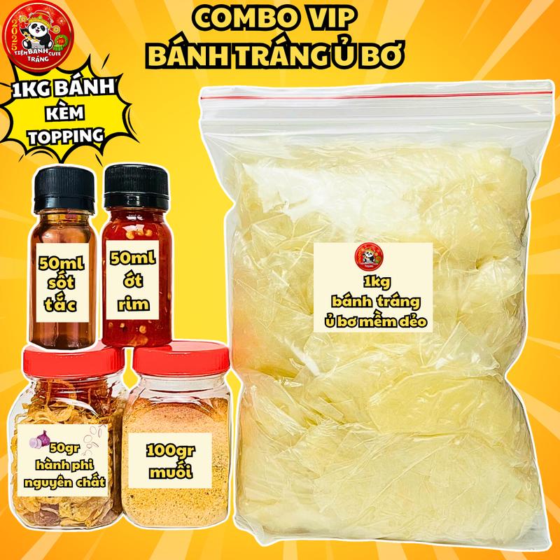 Tiệm Bánh Tráng Cute - Combo 1kg Bánh Tráng Rìa Ủ Bơ Muối Nhuyễn Hành Phi Gia Vị Nước Sốt, 50ml Sốt Tắc, 50ml Ớt Rim, 100gr Muối, 50gr Hành Phi, Đồ ăn vặt