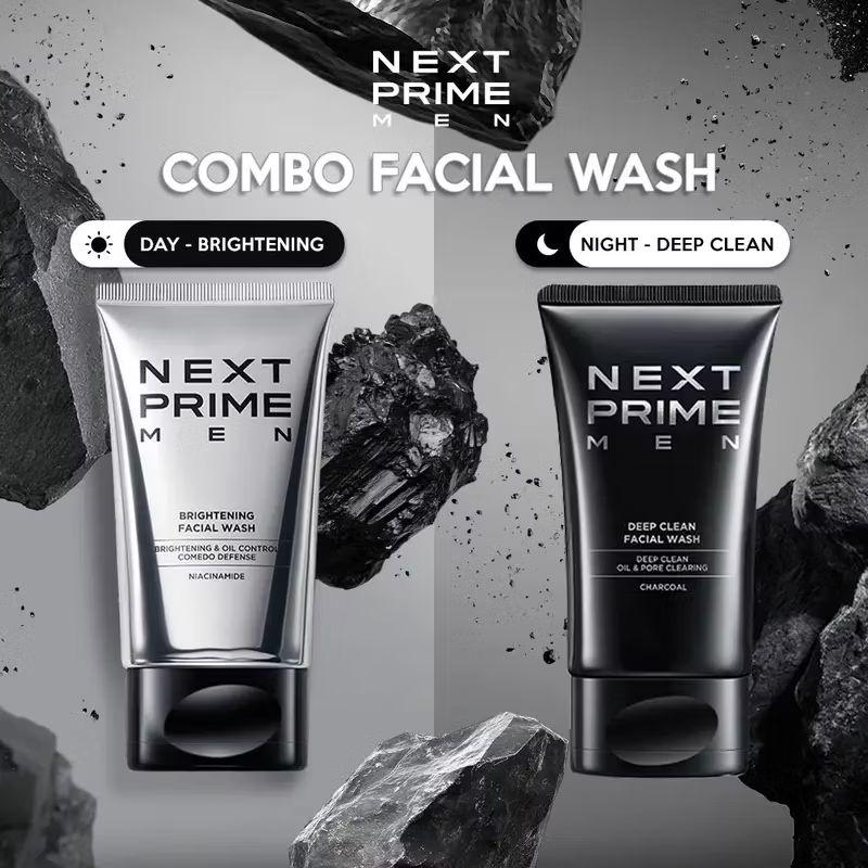 [bundle 2 in 1] Next Prime Men Combo Facial Wash - Day Brightening & Night Deep Clean - Sabun Wajah Pria untuk Kulit Cerah dan Bersih