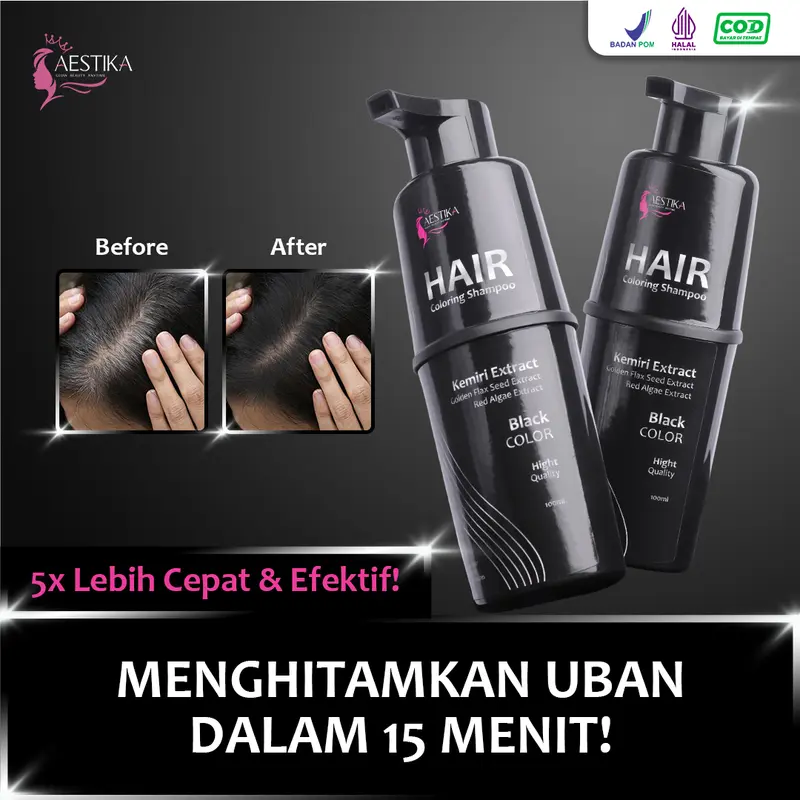 Aestika Shampo Penghitam Rambut Beruban - Hair Coloring Shampoo 1x Keramas (Bpom), Penghitam Uban Pewarna Cat Dye Menghitamkan Perempuan Brown 1
