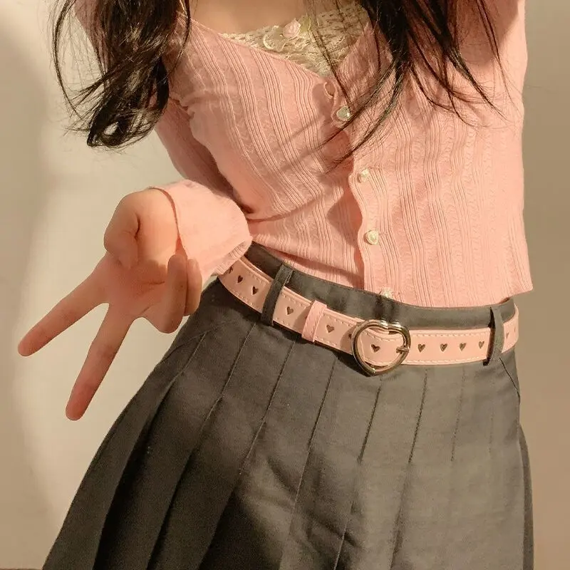 ikat pinggang wanita fashion y2k belt wanita untuk dress tali pinggang jeans berongga jantung gesper pribadi yang dan serbaguna sabuk pink Kulit Hitam 4