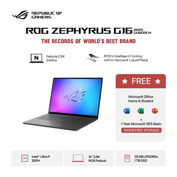 Gambar ASUS ROG ZEPHYRUS G16 2025 OLED GU605CM ULTRA 9 285H RTX5060 8GB/ 32GB 1TB W11+OHS+M365B 16" WQXGA 240HZ - LAPTOP dari ASUS ROG Indonesia Kota Administrasi Jakarta Utara Tokopedia