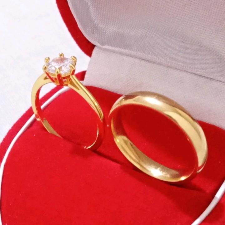Cincin Couple Kawin Gold Permata Bahan Titanium Asli Perhiasan Kulit Rings 4