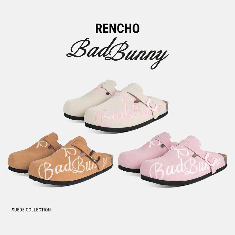 RENCHO dép da bít mũi MULE THE BAD BUNNY BIG LOGO BOSTON LÓT DA BÒ NGUYÊN TẤM đế trấu định hình lòng bàn chân nam nữ