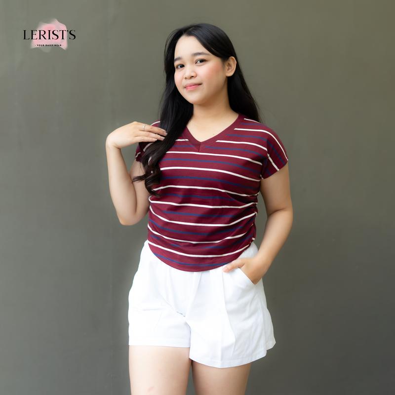 V-NECK CROP STRIPE KERUT- Top tee Garis salur Kaos Atasan basic Katun Leher V Wanita Cotton Combed 30s Premium Lerist T-Shirt Polos Baju Pendek 4