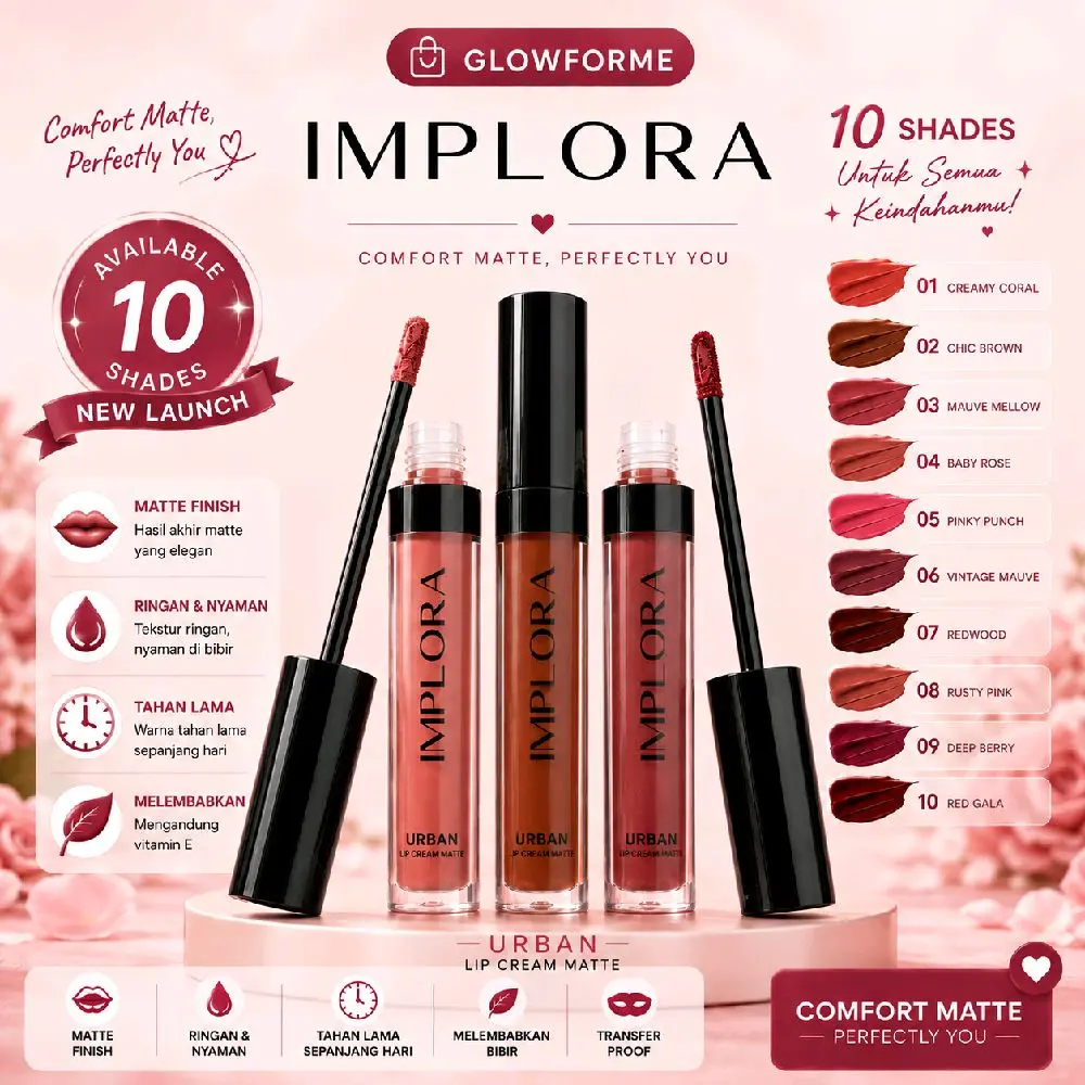 Implora Urban Lip Cream Matte | 12 Warna Gloss Matte Finish Tahan Lama Melembabkan Bibir Waterproof