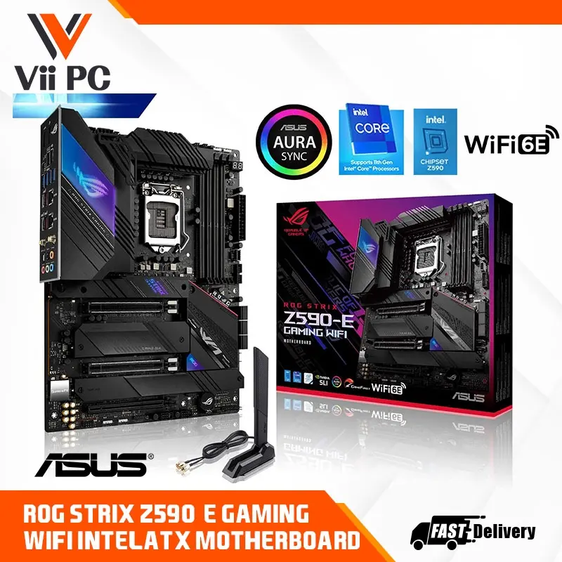 ASUS ROG STRIX Z590-E GAMING WIFI Intel Z590 LGA 1200 ATX motherboard with PCIe 4.0, 14+2 Teamed power stages, Two-Way AI Noise-Cancelation, AI Overclocking, AI Cooling, AI Networking, WIFI 6E (802.11ax), Dual Intel 2.5 Gb Ethernet Quad M.2 with heatsinks