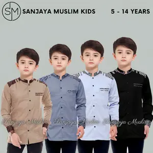 Sanjaya Muslim Kids Baju Koko Anak Laki Laki Lengan Panjang Kombinasi Batik Adi Daz Umur 5-14 Tahun Kain Poly Mikro Nyaman Katun Kurta Pendek Putih Atasan