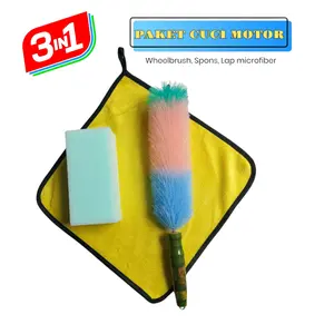 Paket 3in1 Cuci Motor | Wheelbrush, Spon, Lap Microfiber - Cocok Untuk Cuci Mobil - Car Kendaraan