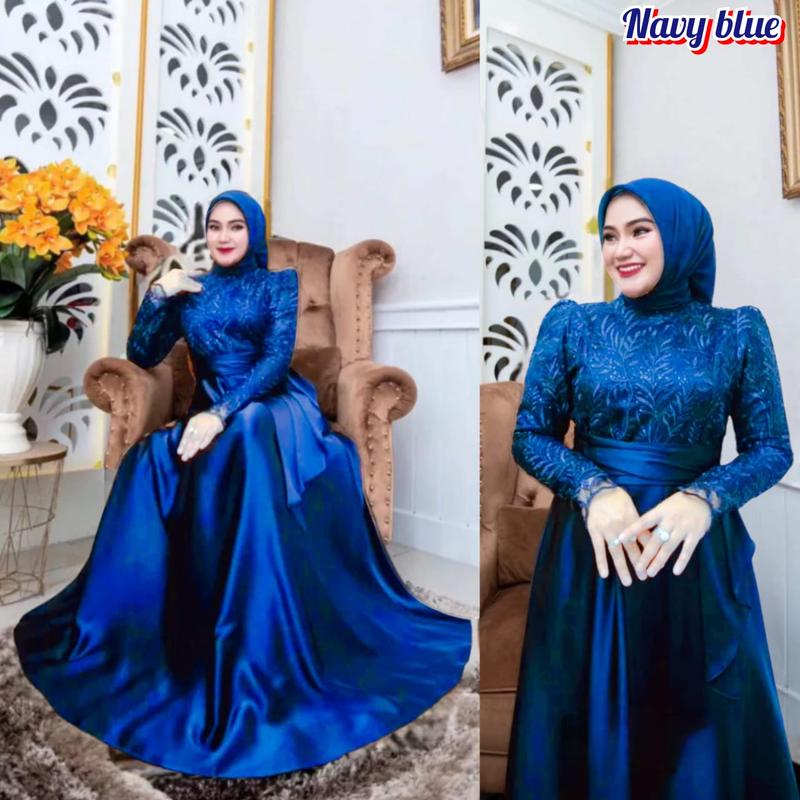 Dress Pesta Satin Roberto Mix Brokat / Gamis Keluaran Terbaru / Dress Aplikasi Brokat / Dress Wanita Jumbo / Azura Maxy Dress Kondangan Mewah 1