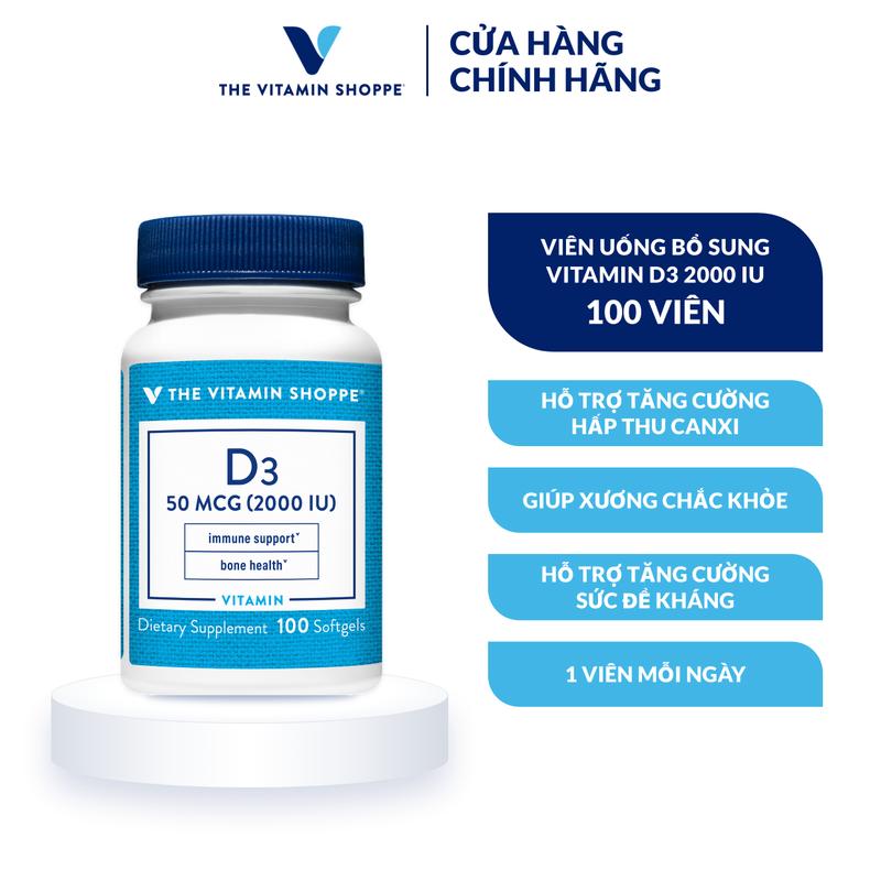 Vitamin D3 2000IU Viên Uống Tăng Cường Hấp Thu Canxi, Tăng Sức Đề Kháng The Vitamin Shoppe 100 Viên