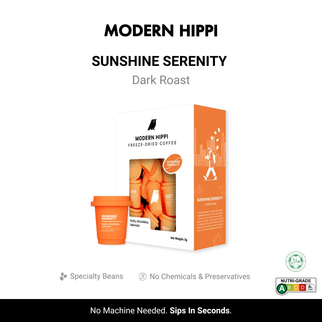 Modern Hippi Coffee Sunshine Serenity Dark Roast | 24 Cups | Premium Arabica | Soluble | No Machine Needed