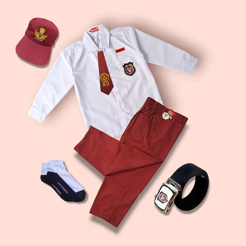 Setelan Seragam Sekolah Merah Putih SD Anak Laki -Laki Baju Putih Lengan Panjang Celana Merah Panjang 0