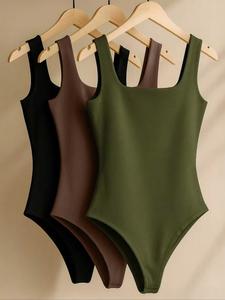 Conjunto de 3 piezas para mujer, nuevo, tejido de punto, color sólido, escote cuadrado, cintura alta, ajustado, suave y transpirable, casual, combinable, para uso diario