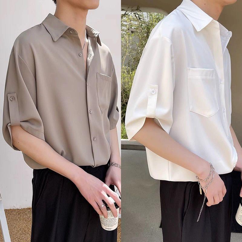Product Introduction of Summer Ice Silk Thin Shirt Men's Short Sleeve Korean Style Trendy Five-Quarter Sleeve Shirt Mature Style Cool Men's Top Closed 16