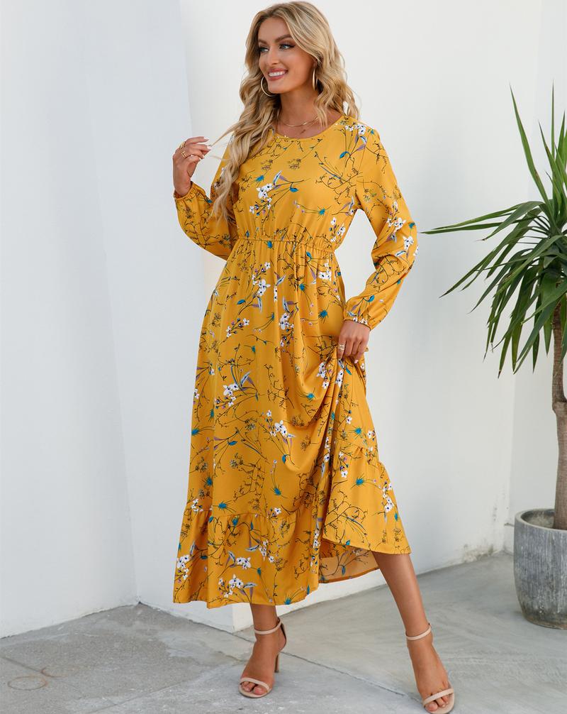 Product Introduction of Cross-Border Foreign Trade Spring and Autumn Floral Chiffon Dress Waist-Controlled Slimming Long Sleeve round-Neck Long Printed Dress Women's 30