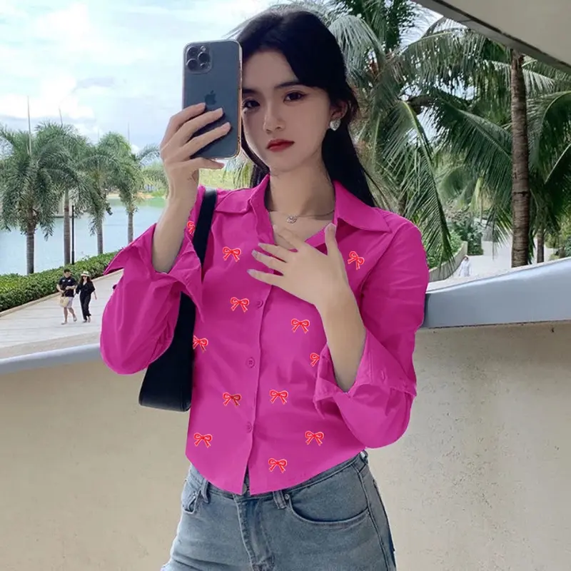 Kemeja Crop Top Ribbon Red /Atasan Casual Wanita Crop Tee Pita XL 2