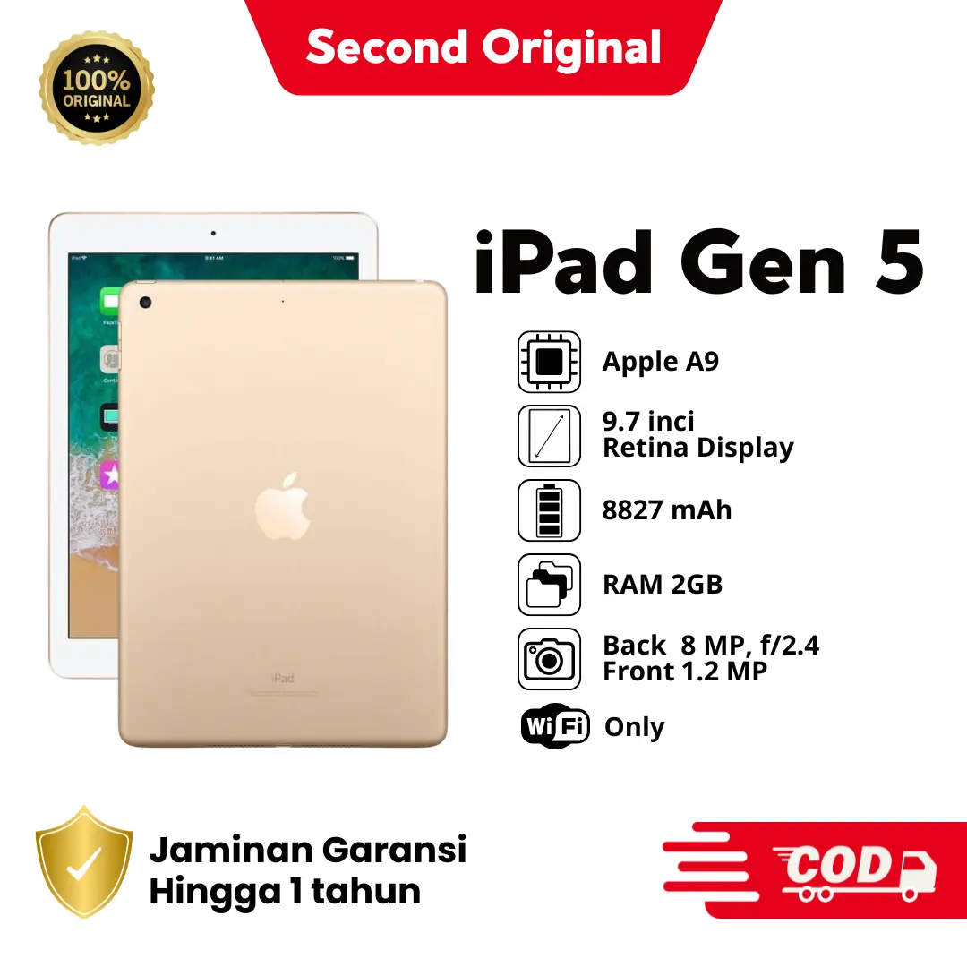 [SECOND] iPad Gen 5 Apple Original Bekas | Bergaransi | Siap Kirim | Bisa COD | Termurah | Versi Full Update IOS 16 | Kerja | Game | Peforma Tertinggi