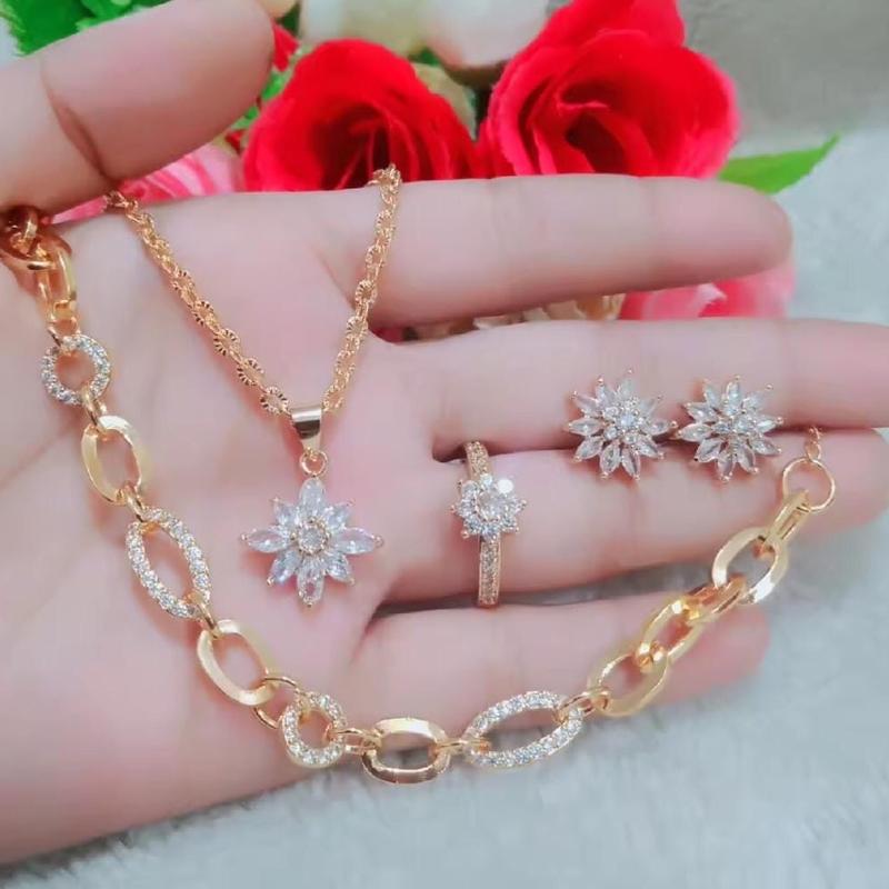 PERHIASAN SET WANITA MOTIF BUNGA CANTIK FULL PERMATA MEWAH DAN ELEGAN TERBARU 0