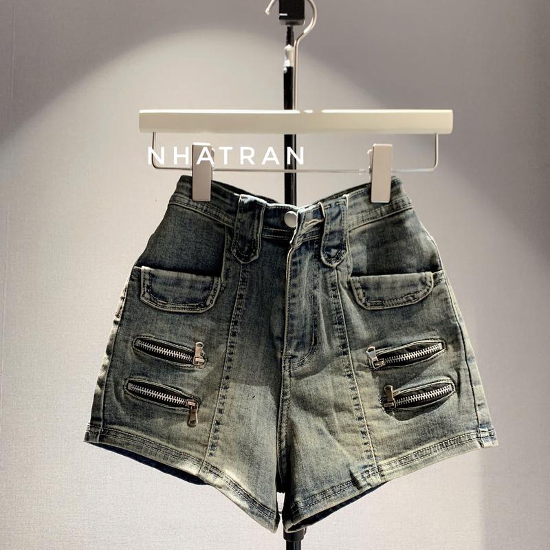 CO DÃN PHOM ÔM - Quần short jean nữ phom ôm cạp cao chất Denim Pants Women 4 khóa kéo AH-589