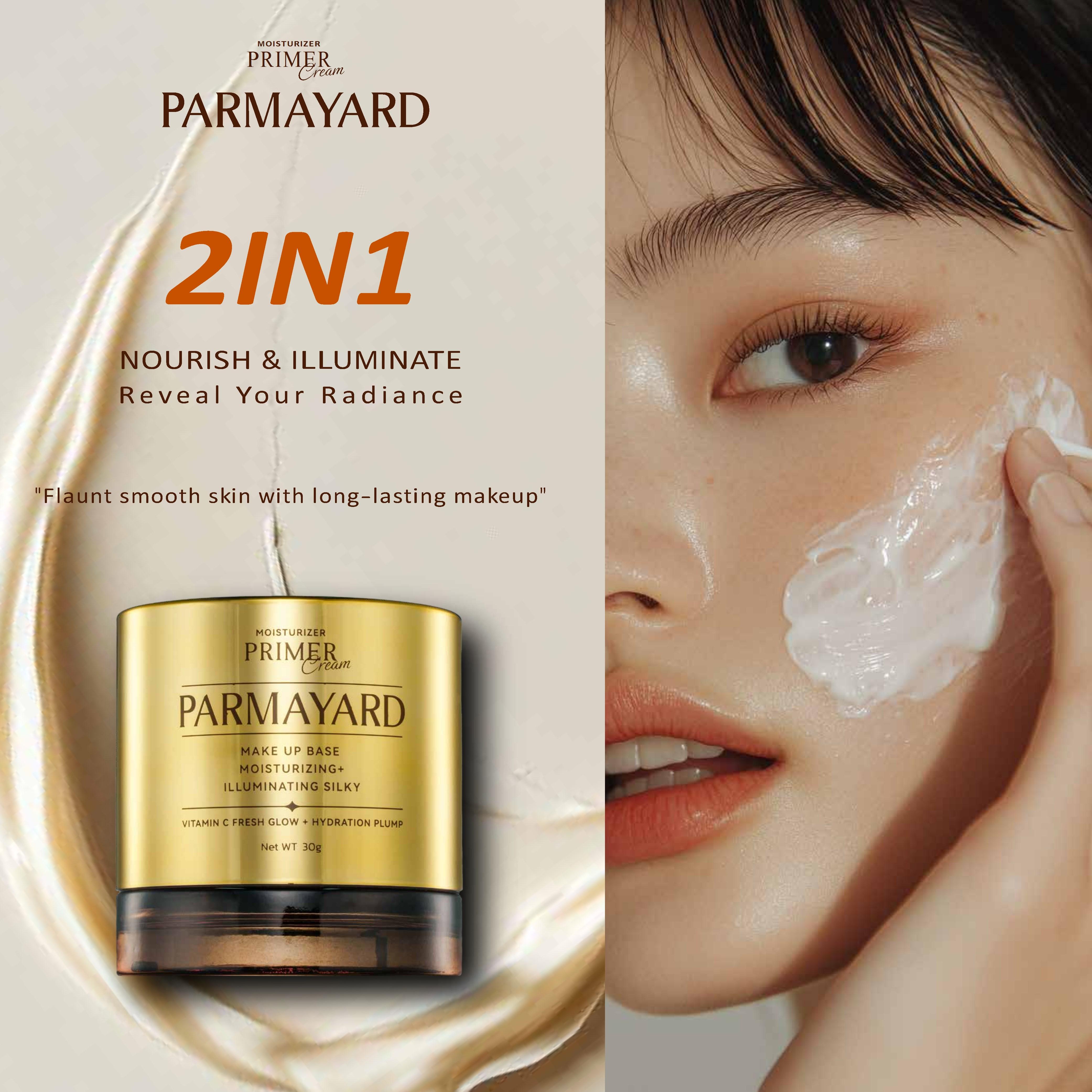 PARMAYARD Moisturizer Primer, alas makeup, aroma jeruk, mengatur kulit sebelum mengaplikasikan makeup, menutrisi wajah, membuat makeup bertahan lebih lama.