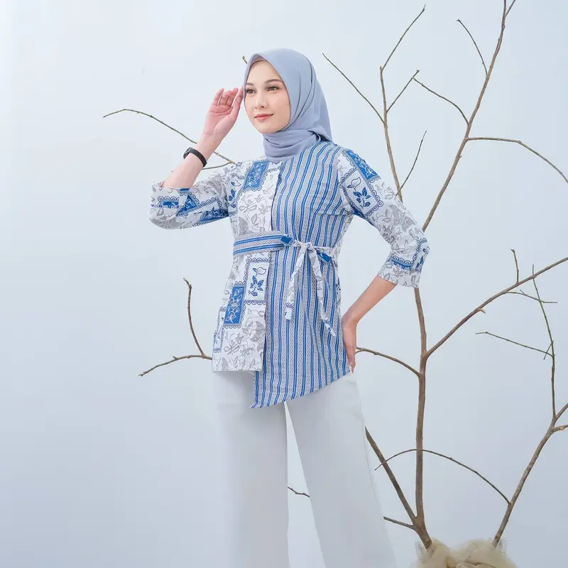 Baju Batik Wanita Lengan Panjang Motif Daun Waru Modern Monalisa Genes Blouse Bahan Katun Basic Asli Pekalongan 4