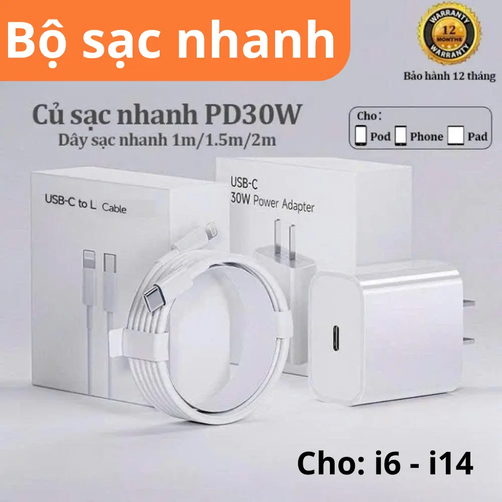 【Củ sạc nhanh+Dây sạc nhanh】Đầu sạc nhanh PD30W，Chip gốc nguyên tem，Sạc nhanh với nhiệt độ thấp，có thể sạc được 60% trong vòng 30 phút，Cho Tất cả các thiết bị type ip trên thị