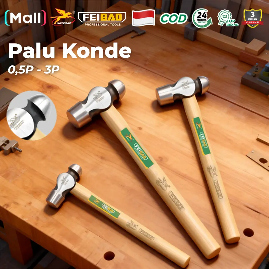 FEIBAO Palu Konde Kepala Bulat Ball Hammer Baja Karbon 1/2P–3P Gagang Kayu Kuat Alat Tukang