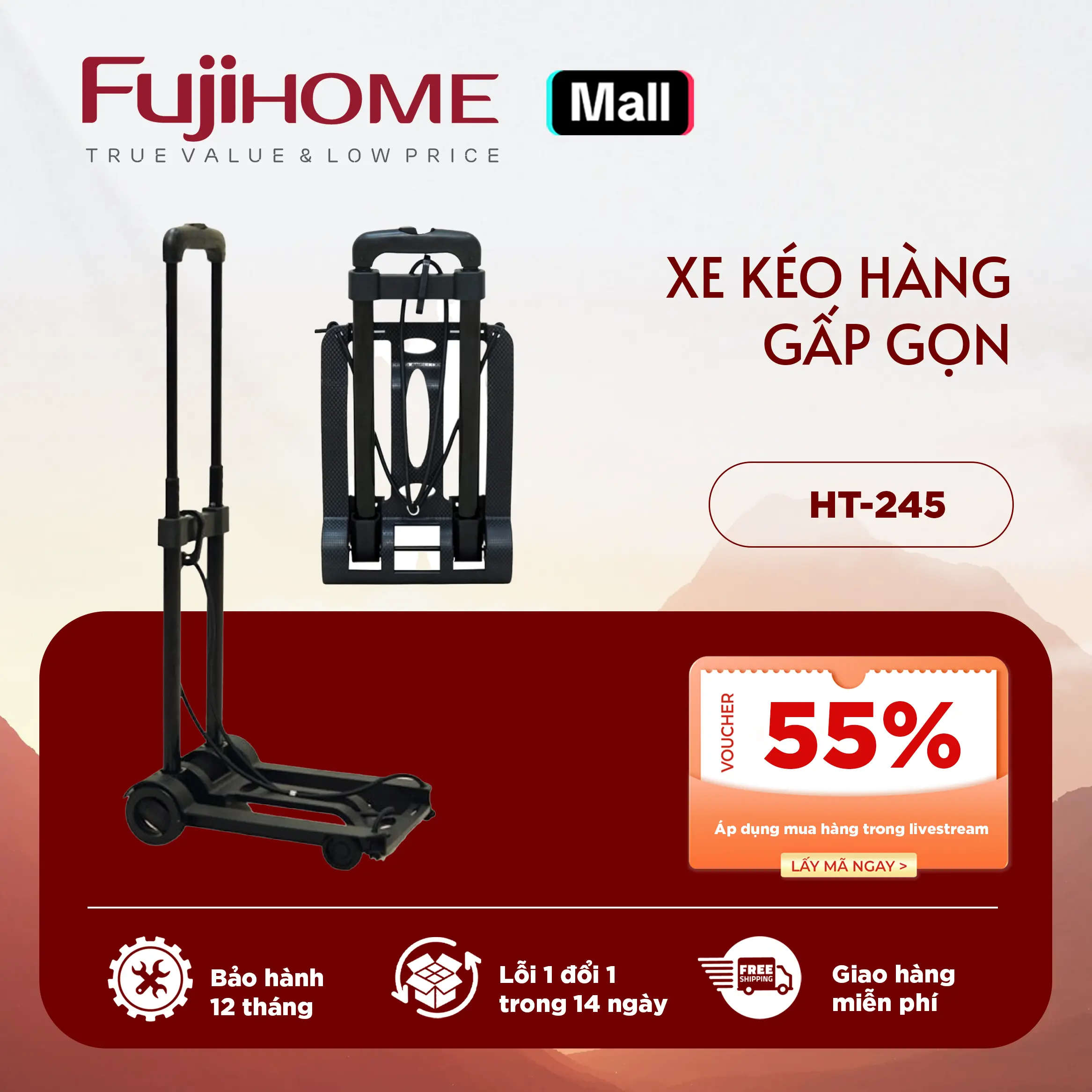 Xe đẩy hàng gấp gọn đi chợ mini FUJIHOME HT-245, xe kéo hàng đi chợ gấp gọn mini siêu thị đa năng-tặng dây buộc[BH 1 năm]