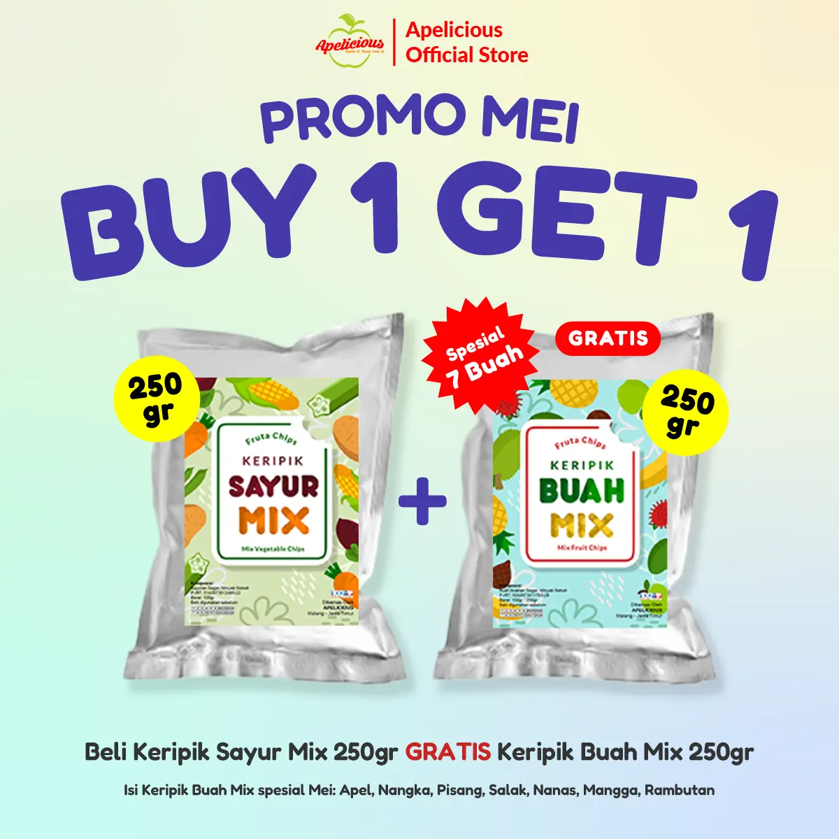 [SPESIAL] Apelicious Keripik Sayur Mix Original 250gr / Keripik Buah Mix 250gr + GRATIS Keripik Nangka 250gr / GRATIS Keripik Mix Buah 250gr / GRATIS Keripik Apel 250gr - Food, Manis