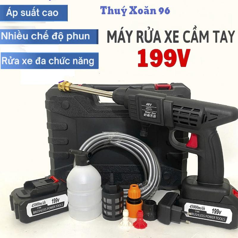 Máy rửa xe đa năng cầm tay chạy pin 199V . Máy xịt rửa sân vườn , máy xịt rửa cao áp có bình tạo bọt tuyết . Động cơ lõi đồng , sử dụng dễ dàng tiện lợi phù hợp với mọi gia đình
