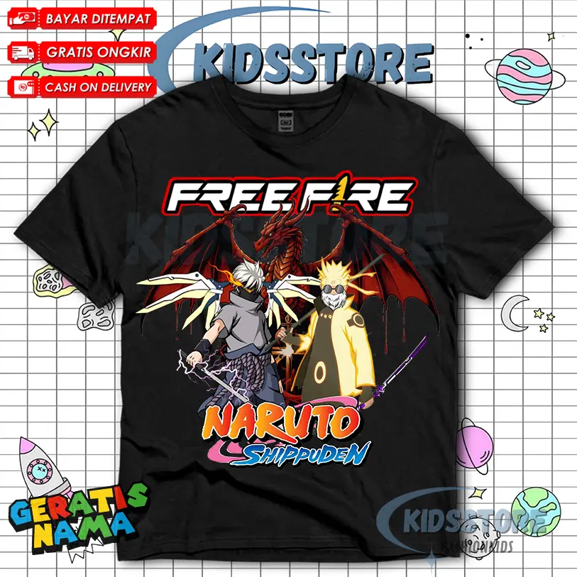 (BISA COD) Kaos Anak FF FREE FIREEE X NARUTO SASUKE BUNDLE DUO ELITE AURA NAGA RAMADHAN VIRAL   - Baju Anak FF X NARUTO SASUKE  Fashion Anak Free Nama