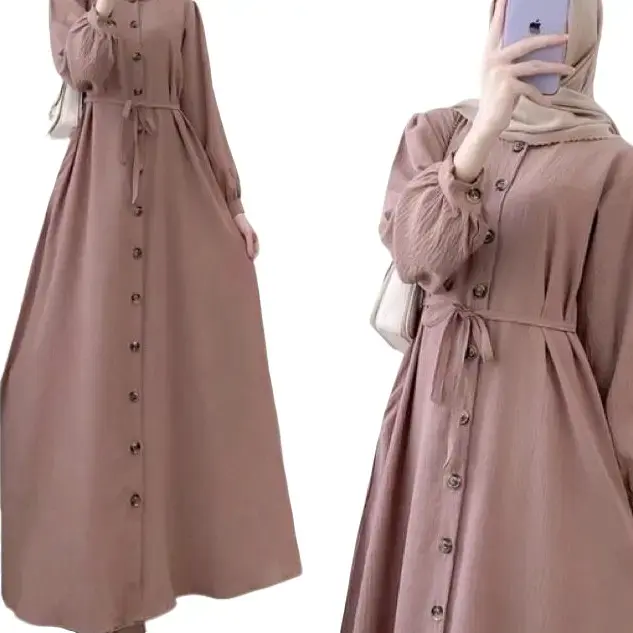 Gamis dres full kancing/ polos terbaru 2025/gamis Dewasa  Mewah Maxi Lebar Airflow Pesta Lebaran Crinkle Kondangan Biru Coklat Muslim Wanita Gamis Remaja Syari Panjang gam is Midi 1