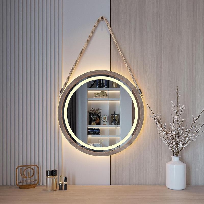 Gương DLQ Tròn Treo Tường Viền Gỗ Dây Thừng Có Led Cảm Ứng 3 Màu Tiện Lợi