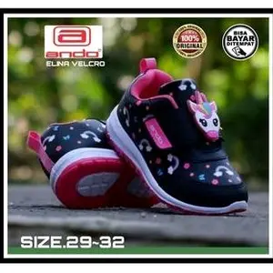 ANDO Elina Sepatu Sekolah Tk Sd Perekat Velcro Tempel Anak Cewek Perempuan Keren Kekinian Hitam Pink Size 29 sd 32 Fashion Original Nyaman Anti Selip Unicornvelcro