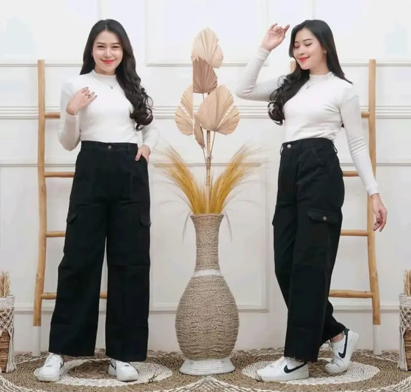Celana Kargo Wanita Katun Twill Stretch Jumbo Big Size - Hitam Combed Kain Karet Panjang Standar Tebal Kerja Basic Kancing Kantor Oversize Baggy Linen Fit Melar Nyaman 7