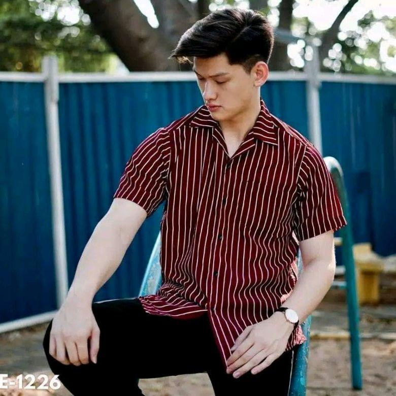 Kemeja Salur Stripe Unisex Lengan Pendek Hem Kasual V Neck Garis Distro 8
