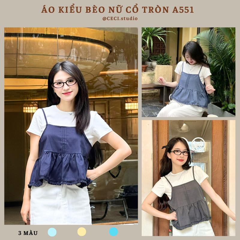 Set Áo Hai Dây Babydoll Nữ Nhún Bèo Kèm Áo Thun Trơn Chất Liệu Jean Mềm Áo Kiểu Nữ Màu Hè Dáng Hàn Quốc- Ceci.studio - A551