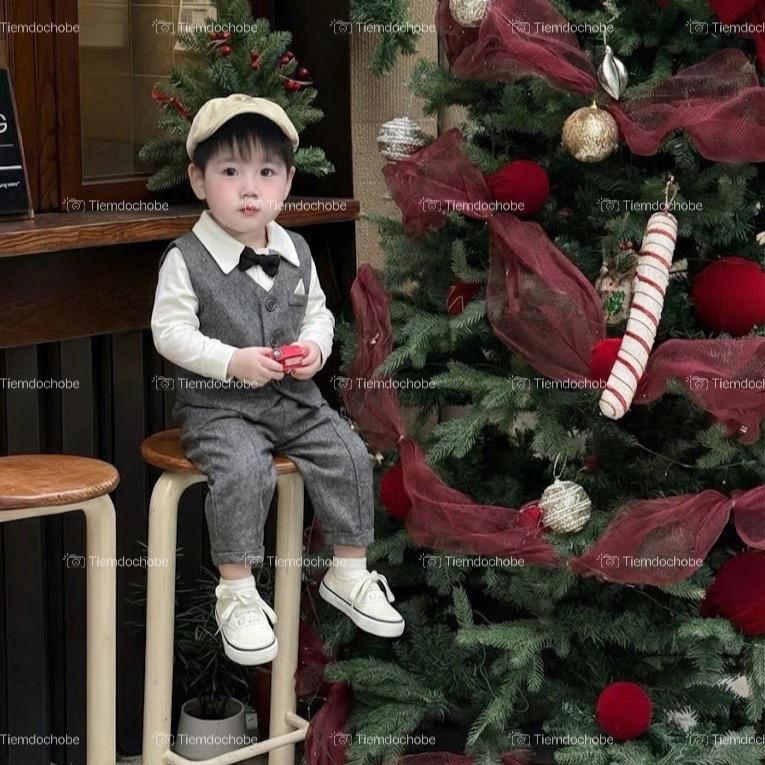 Tiemdochobe Set Ghile Dạ Công Tử 4 Chi Tiết Cho Bé 7-16kg Vest Dày Dặn Giữ Ấm Mùa Đông Thoáng Khí Áo Nỉ Cổ Polo Ghile Quần Nơ Cài Sang Trọng