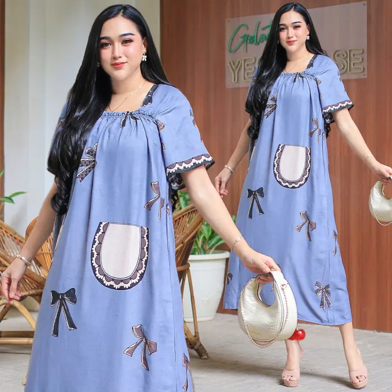 Daster Wanita Terbaru 2025 Motif Pita Viral - Dress Rayon Santung Busui Lembut 0