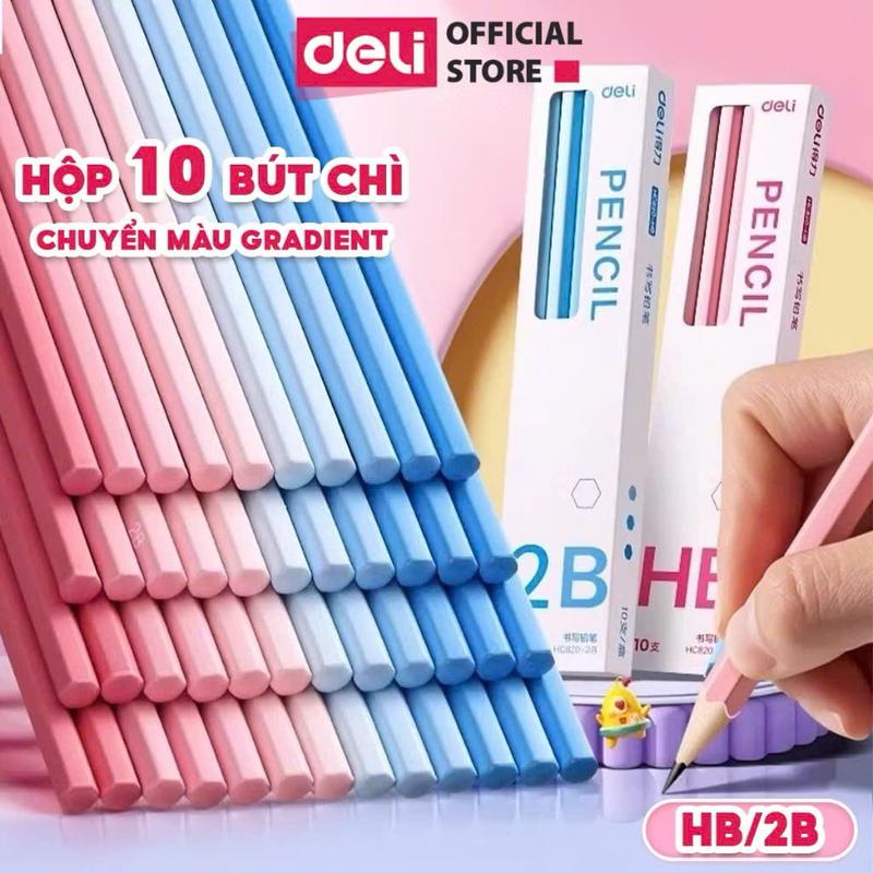  Hộp 10 bút chì gỗ 2B HB Deli thiết kế chuyển màu gradient xinh xắn - dễ tẩy xóa an toàn vẽ mỹ thuật tập viết học sinh 