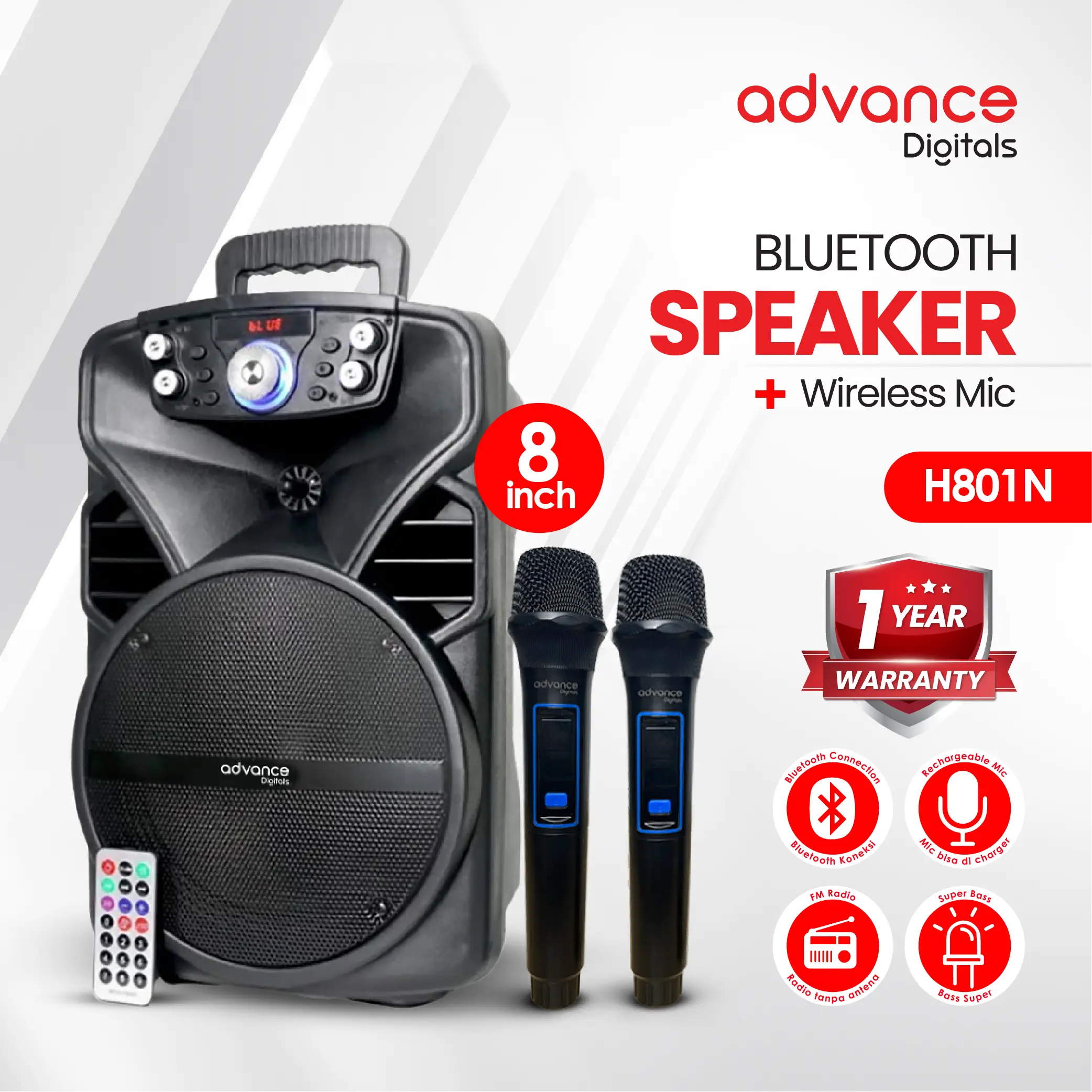 ADVANCE 8 inchs H801N 2 Mic Wireless bluetooth Speaker Portable 1400mAH FM Radio Xtra Power Sound Battery Long Life