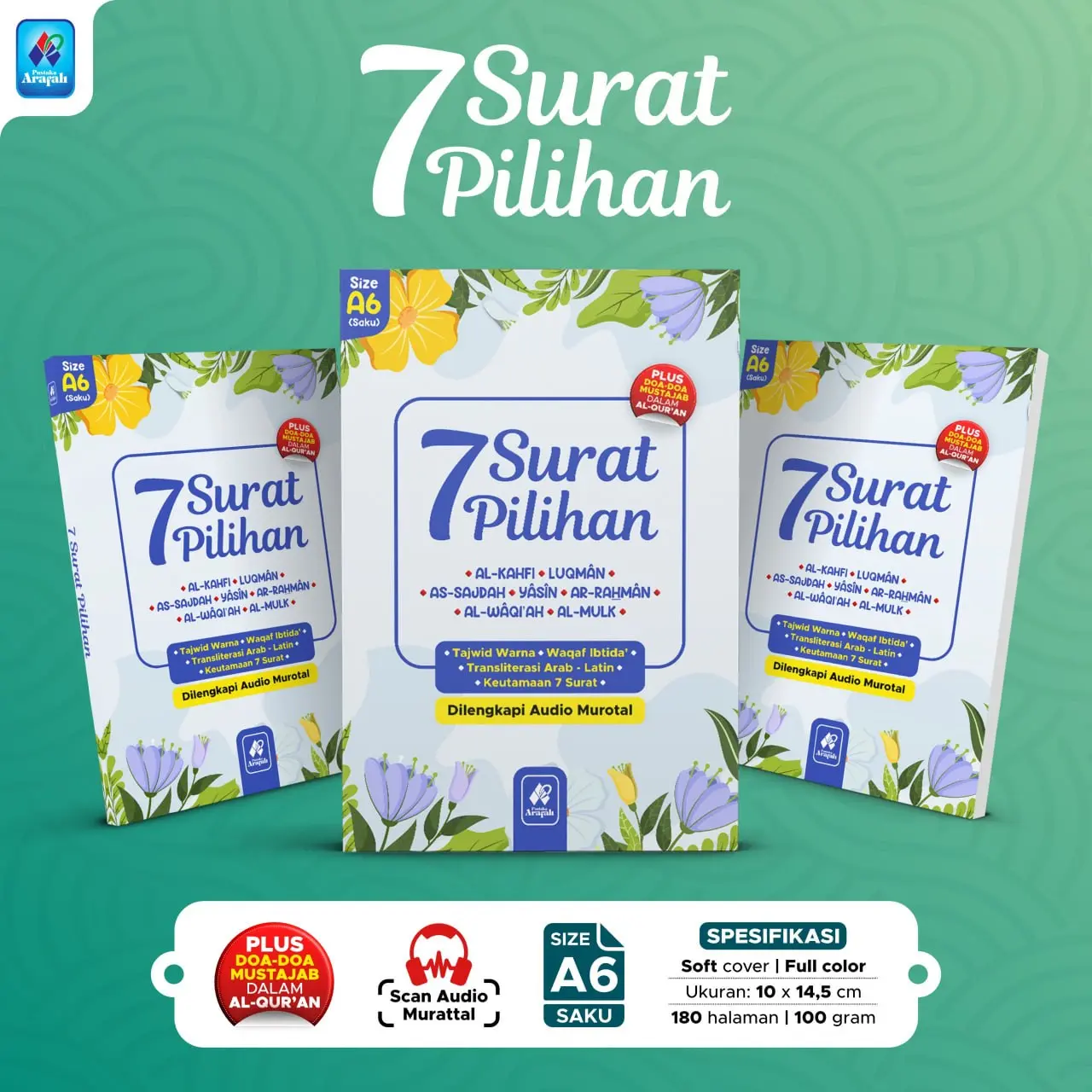 7 Surat Pilihan Ukuran A6 Arafah - Surat Al-Kahfi, Luqman, As-Sajdah, Yasin, Ar-Rahman, Al-Waqi'ah, Al-Mulk - Tajwid Warna, Panduan Wqaf, Transliterasi, Audio Murattal - Soft Cover, Full Color- Quran